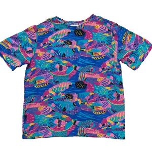 Vintage 90s Ken Done Womens Art to Wear Top L Colorful Tropical Retro Unique